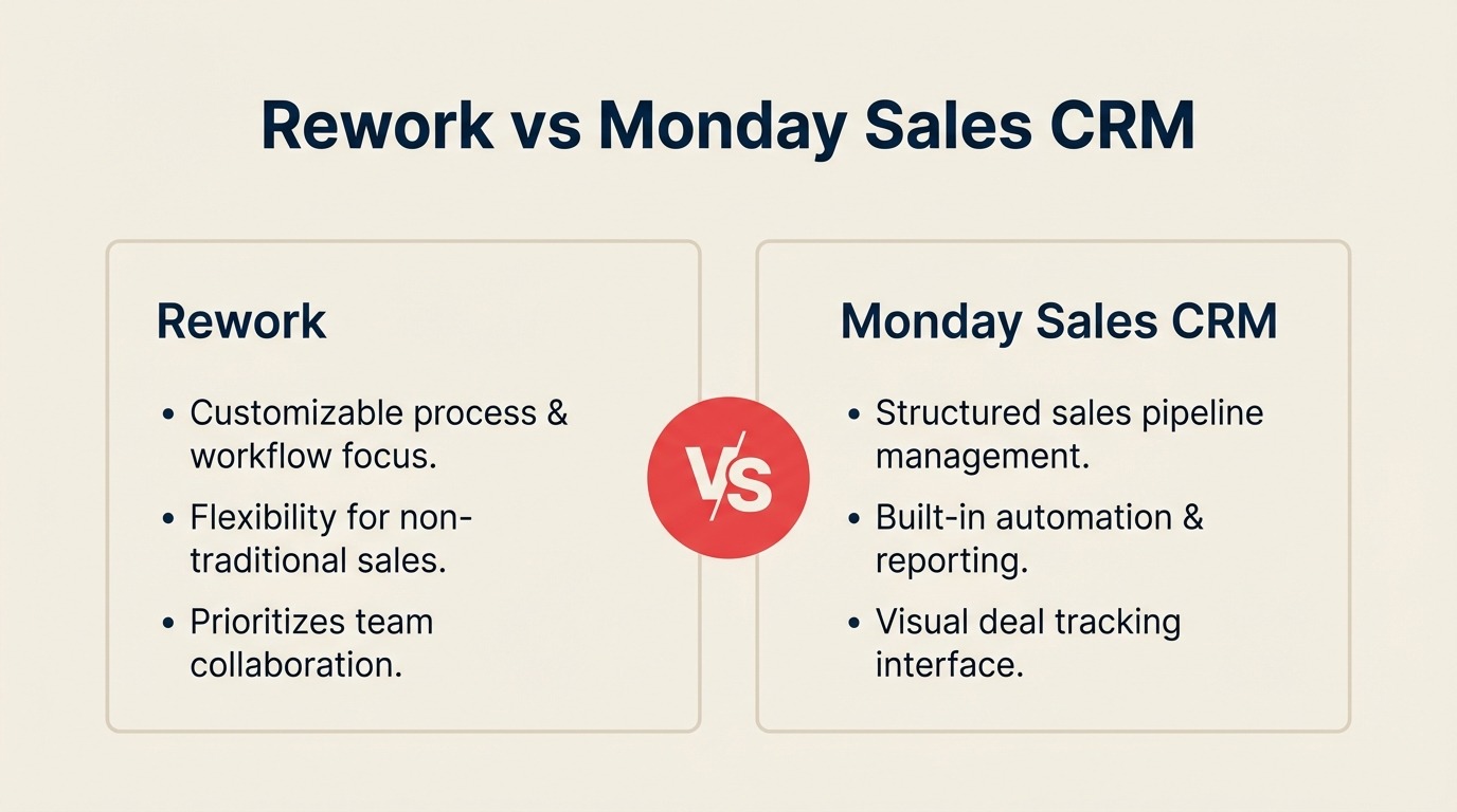 Rework vs Monday Sales CRM comparison, purpose-built unified CRM vs flexible Work-OS board configured as CRM