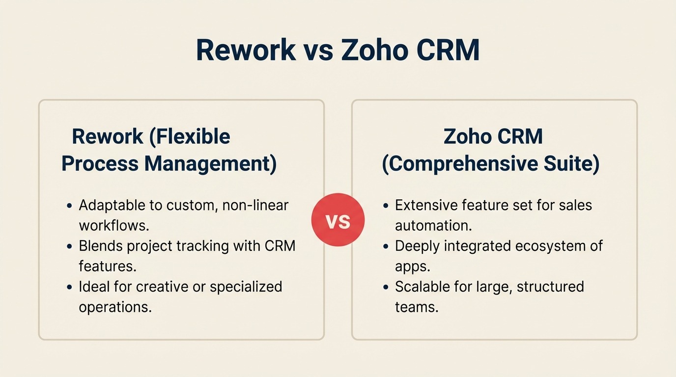 Rework vs Zoho CRM comparison, unified CRM with lead management and chat vs Zoho One 45-app ecosystem