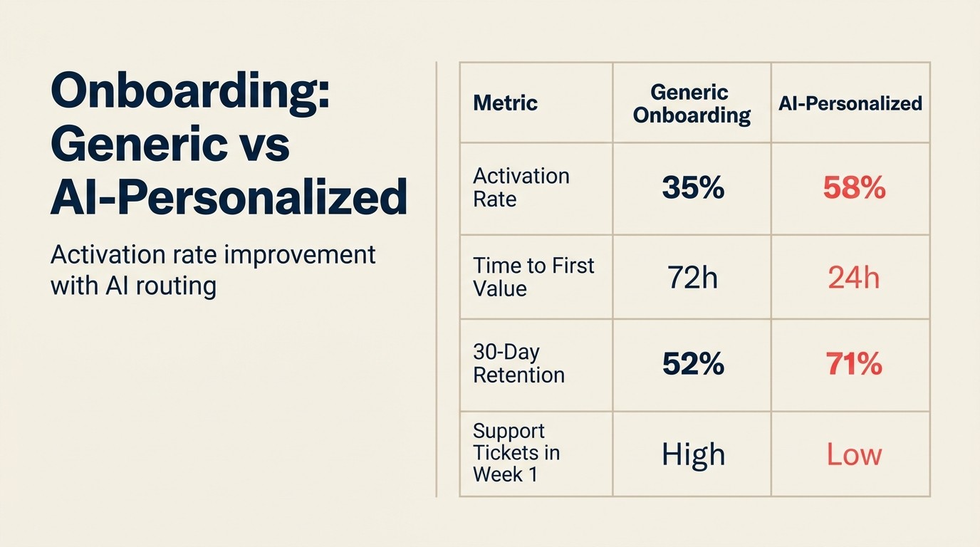 Onboarding: Generic vs AI-Personalized showing activation rate improvement with AI routing