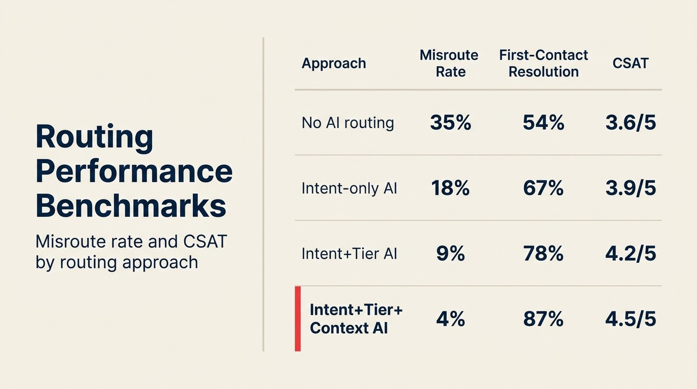 Routing Performance Benchmarks: misroute rate and CSAT by routing approach