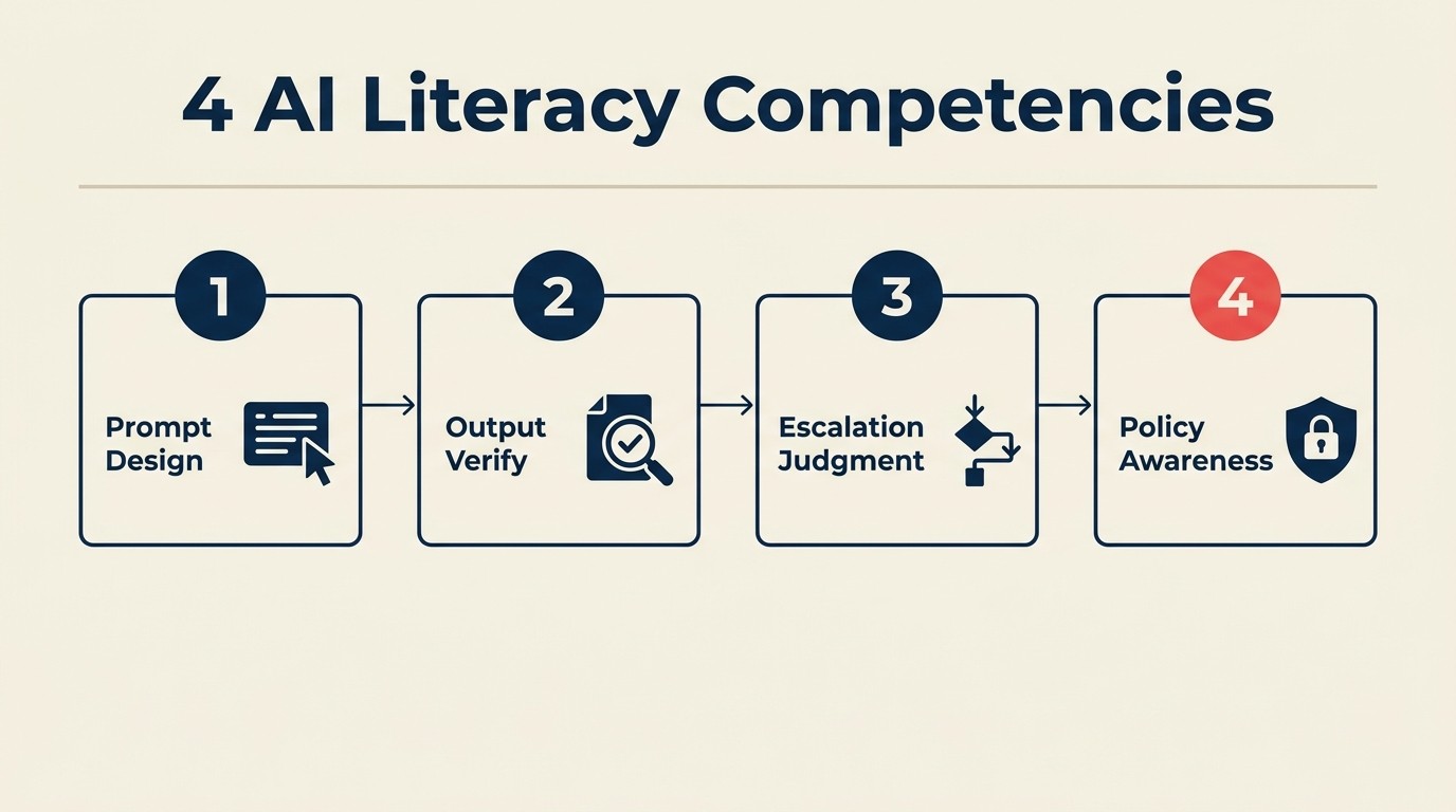 Four-component AI literacy framework showing prompt design, verification, escalation judgment, and policy awareness