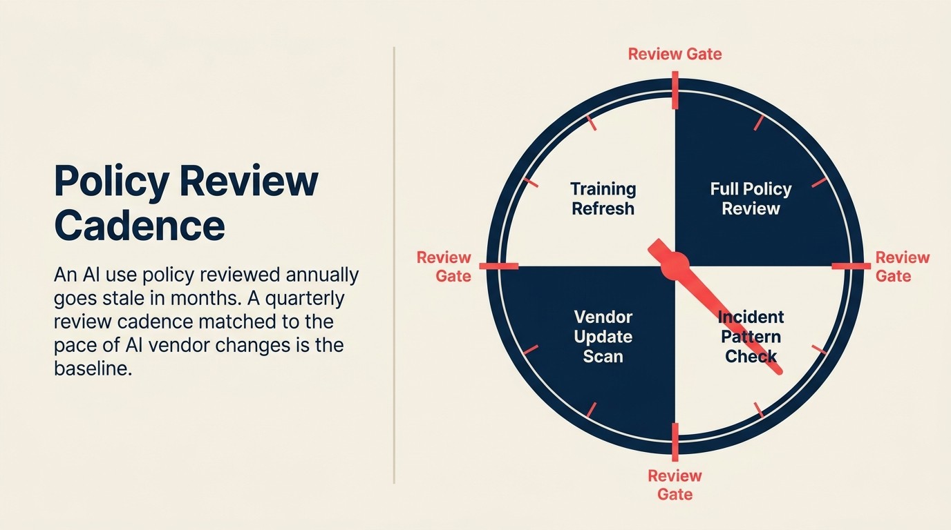 AI use policy review cadence showing quarterly approved tool list review, annual full policy review, and trigger-based reviews after incidents or regulatory changes