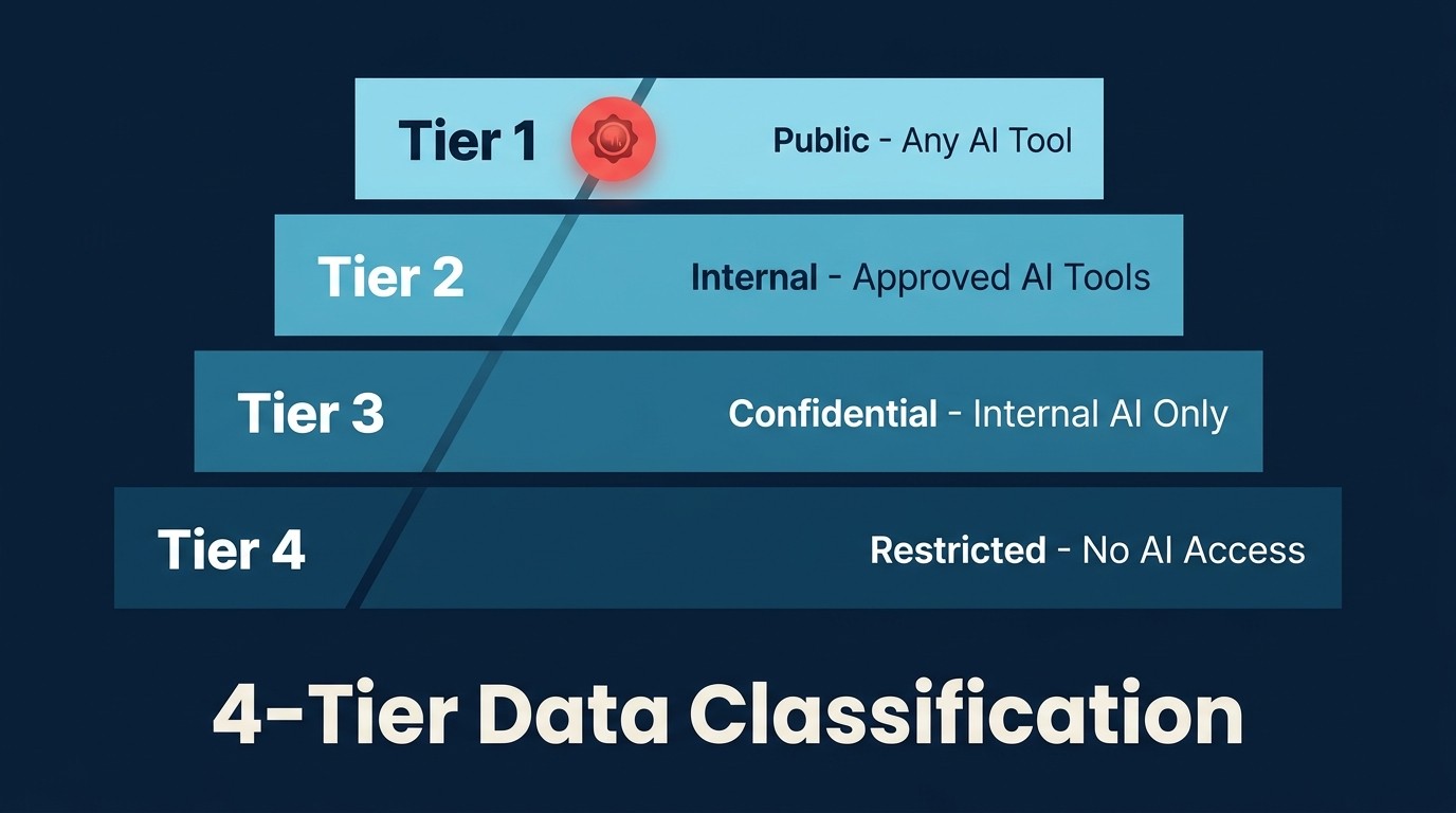 4-tier data classification framework for AI access decisions showing tier mapping to approved AI tool categories