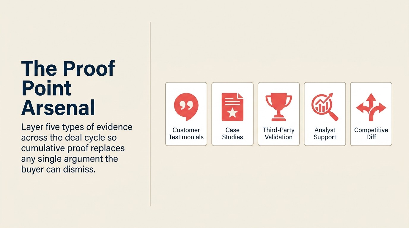 Five proof point types for value reinforcement: customer testimonials, case studies, third-party validation, analyst support, competitive differentiation