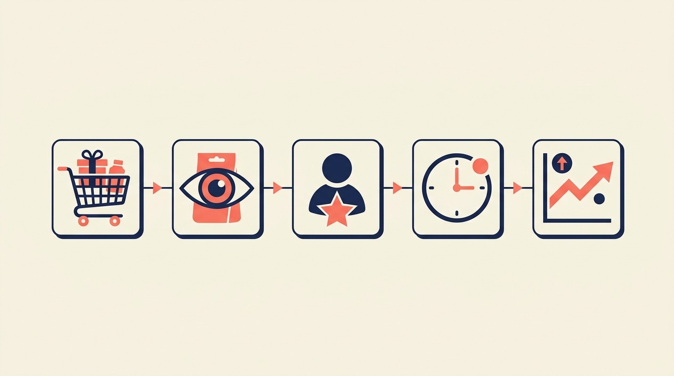 Five e-commerce recommendation types mapped across the customer journey from homepage to post-purchase