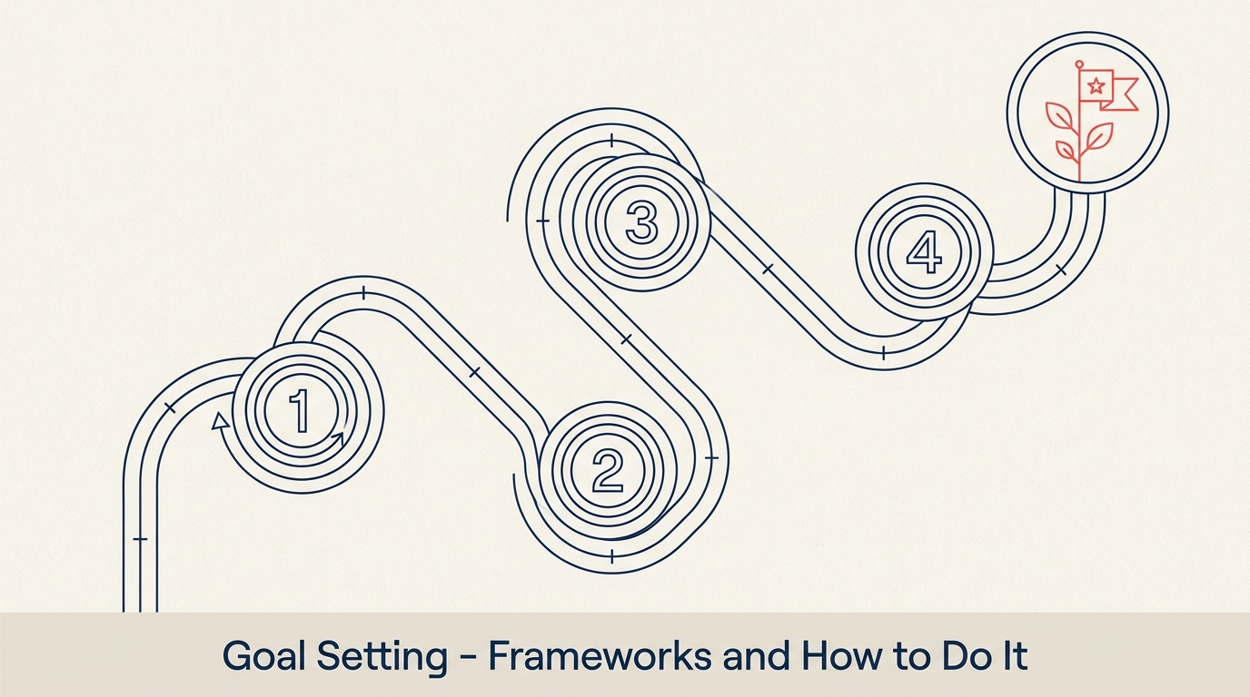 Goal setting frameworks showing milestones along a path to a target flag