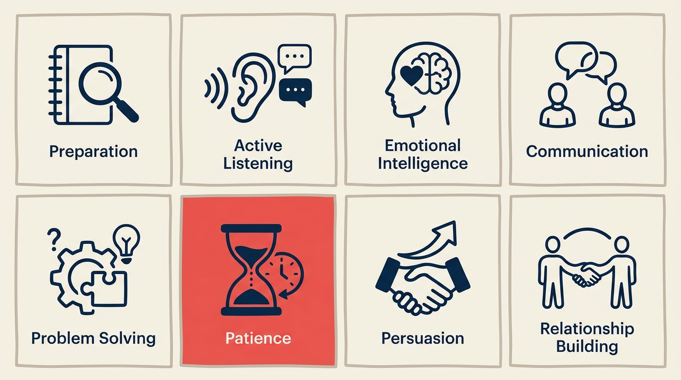 Core negotiation skills including preparation listening and persuasion