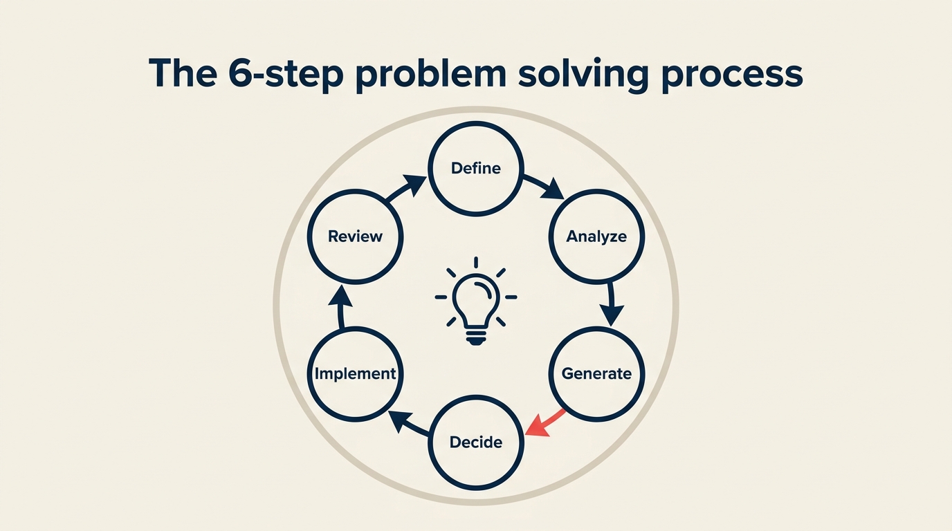 The 6-step problem solving process: define, analyze, generate, decide, implement, review