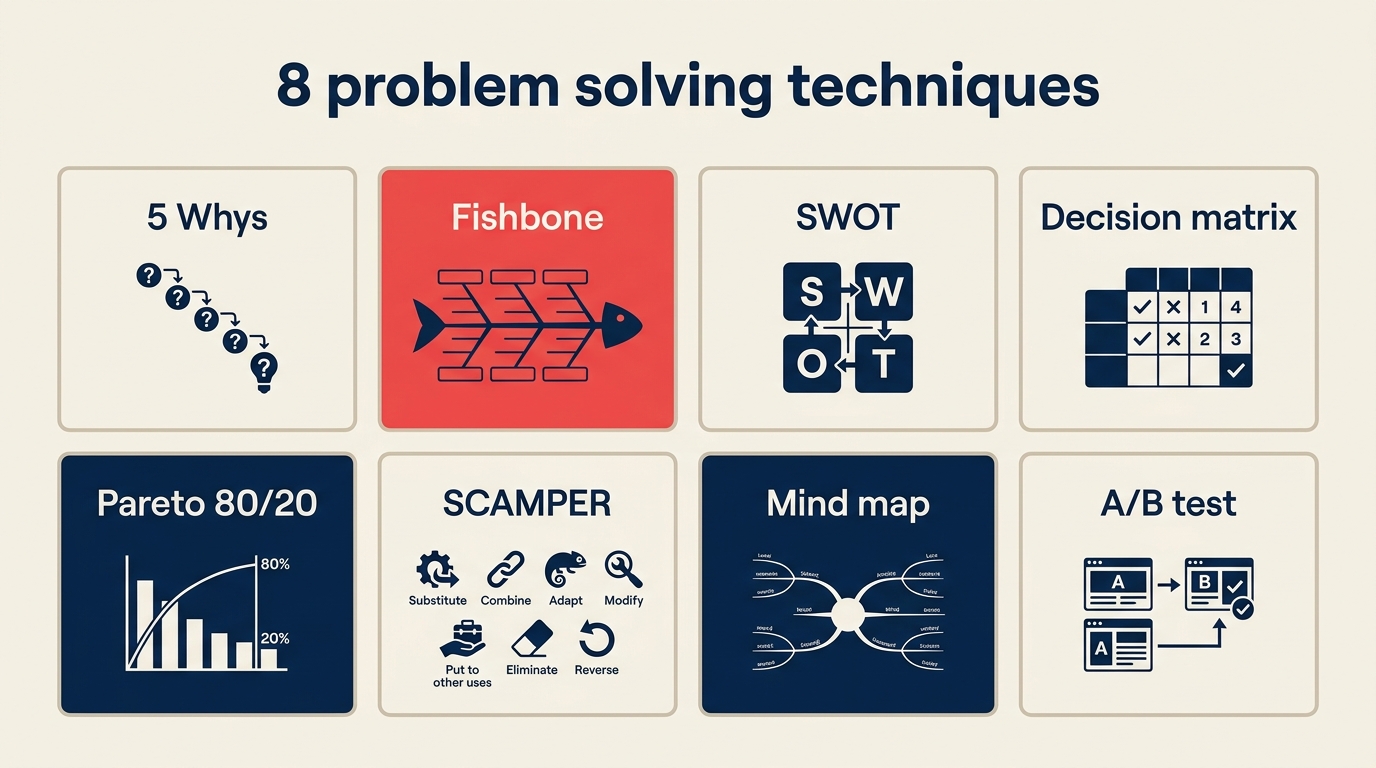 Eight problem solving techniques: 5 whys, fishbone, SWOT, decision matrix, Pareto 80/20, SCAMPER, mind map, A/B test