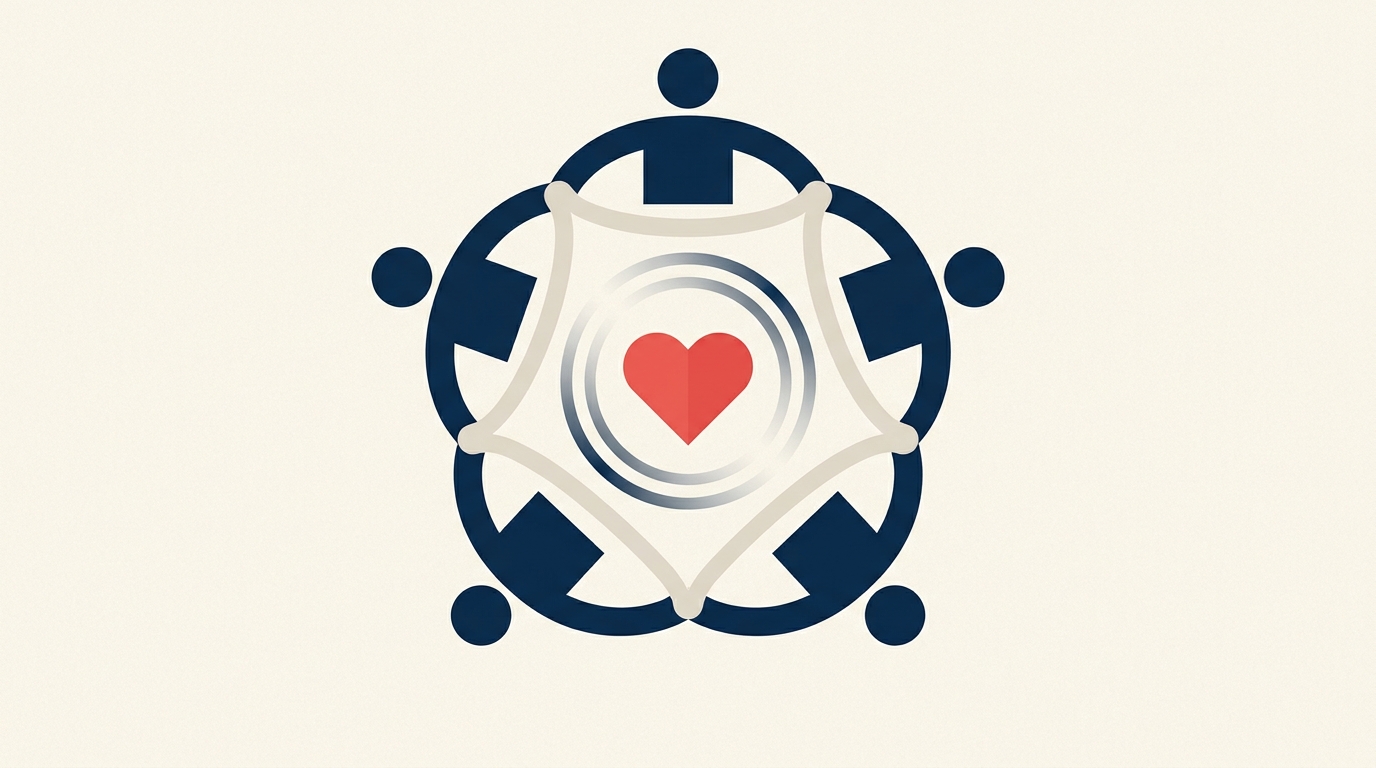 Affiliative leadership team harmony with connected figures and a central heart symbol