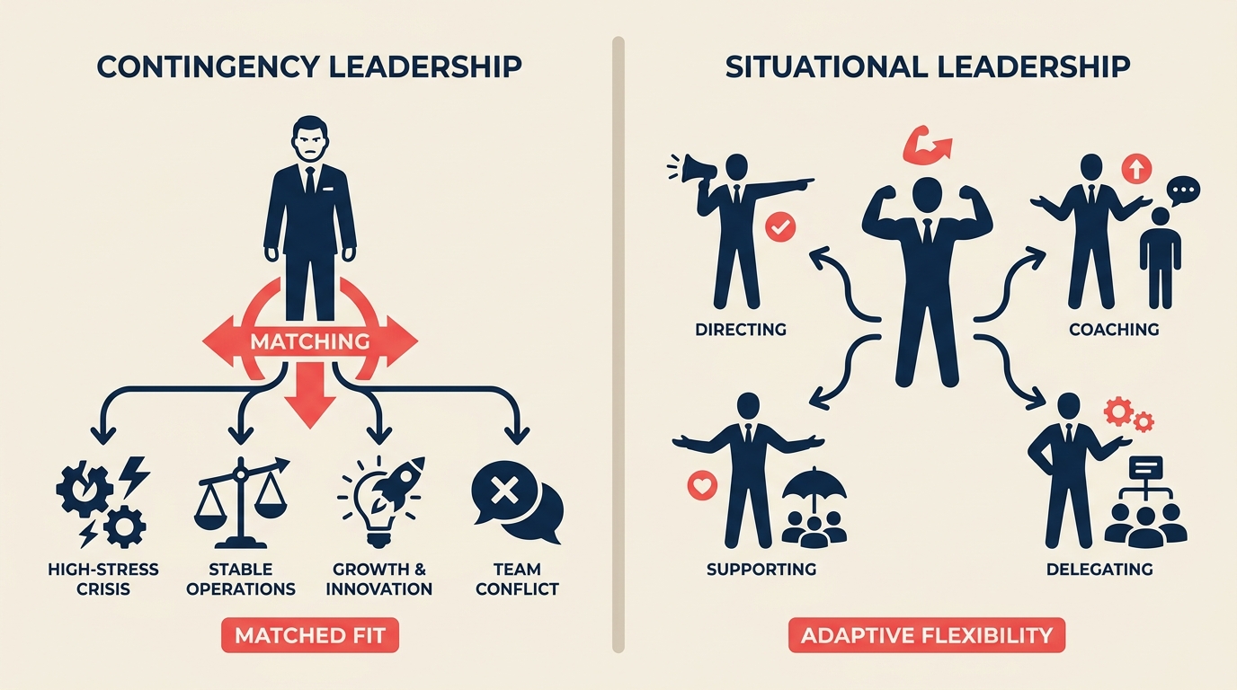 Contingency vs situational leadership, matching a fixed leader to context versus a leader flexing styles