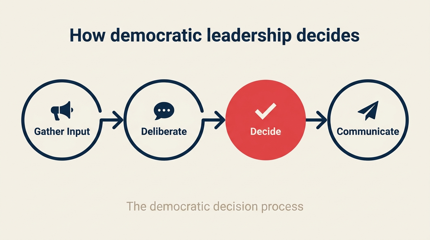 Four-step democratic decision process: gather input, deliberate, decide, communicate