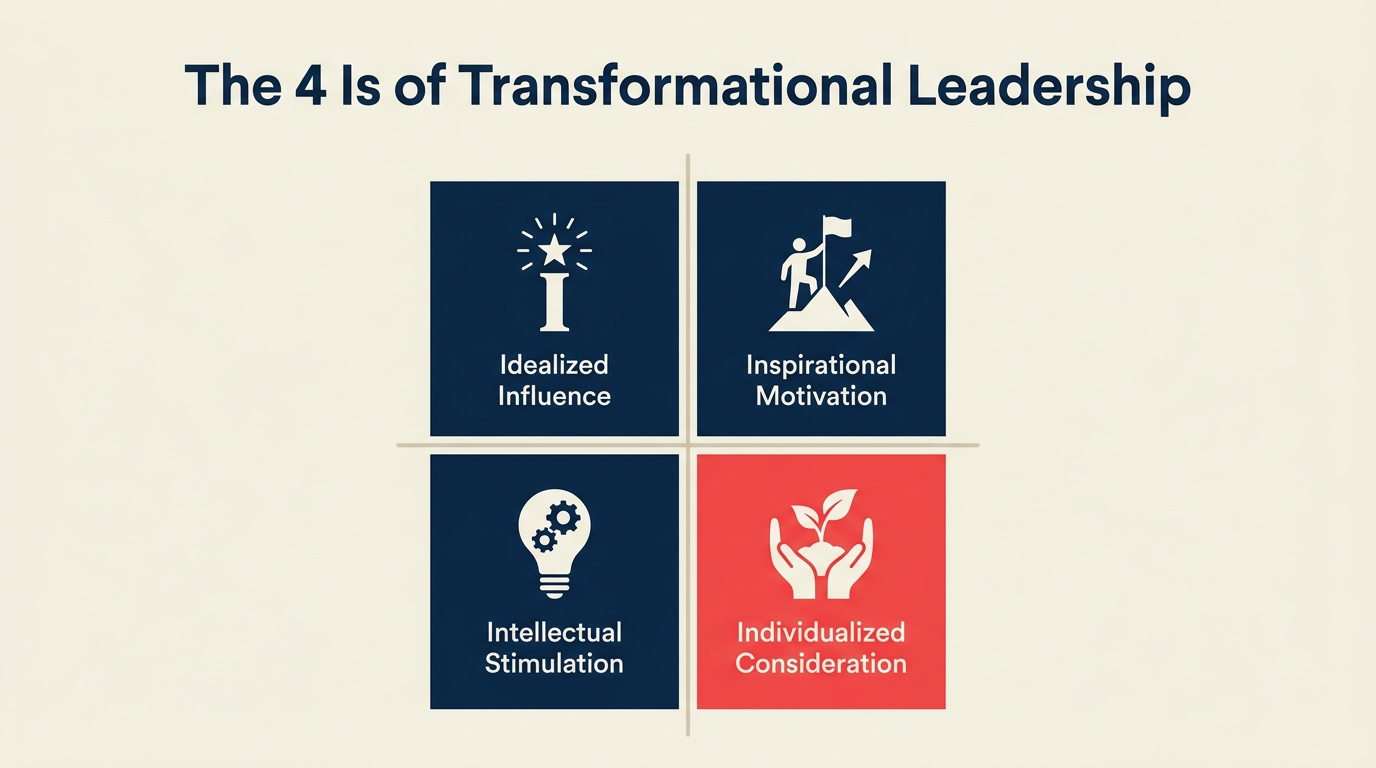 The 4 I's of transformational leadership shown as four quadrants: Idealized Influence, Inspirational Motivation, Intellectual Stimulation, Individualized Consideration