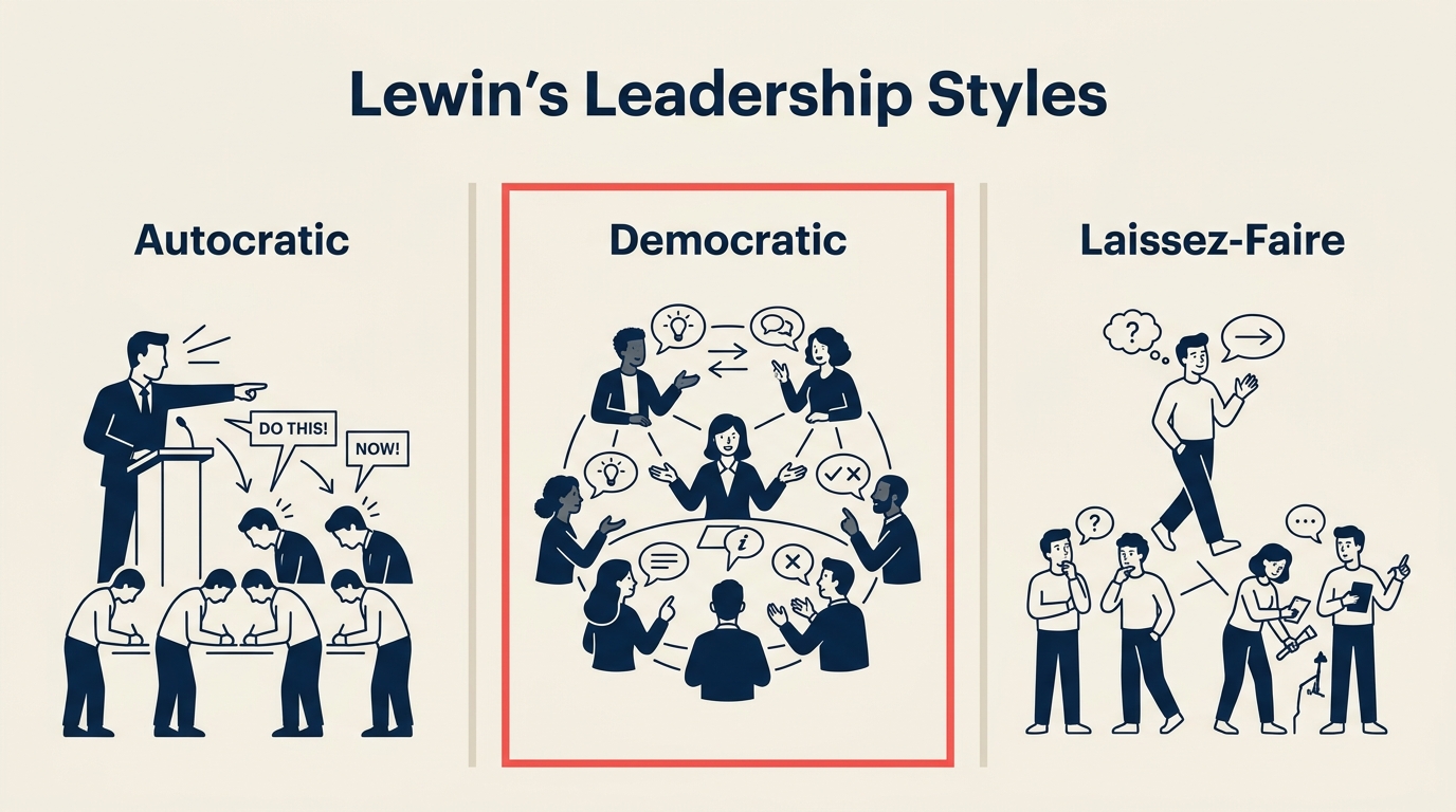 Three Lewin leadership styles diagram: autocratic, democratic, laissez-faire