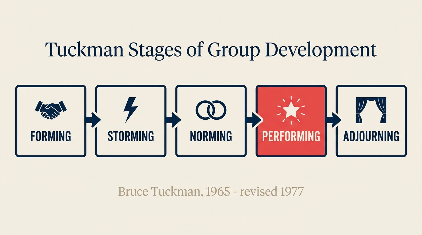 Five stages of Tuckman group development showing forming, storming, norming, performing, and adjourning
