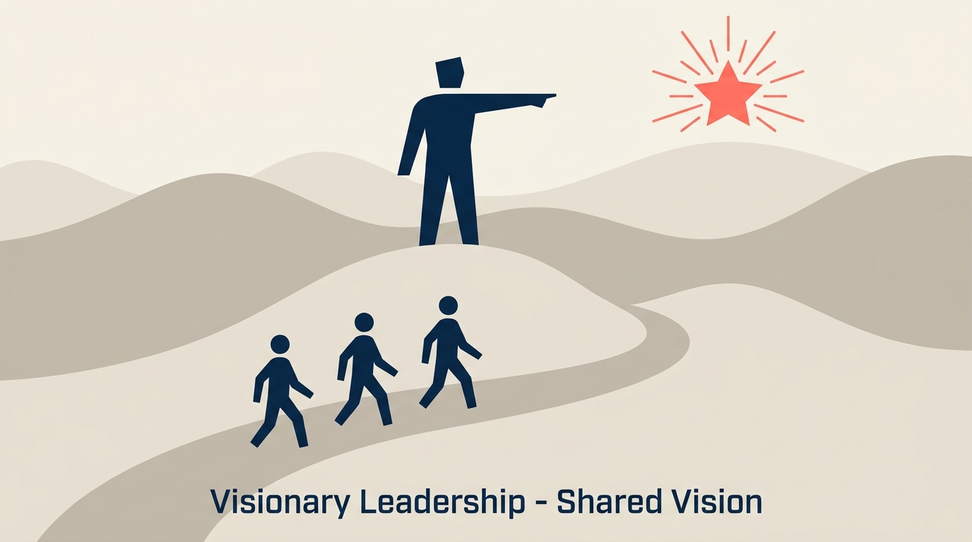 A visionary leader pointing toward a bright coral horizon as a team follows, symbolizing shared vision and purpose