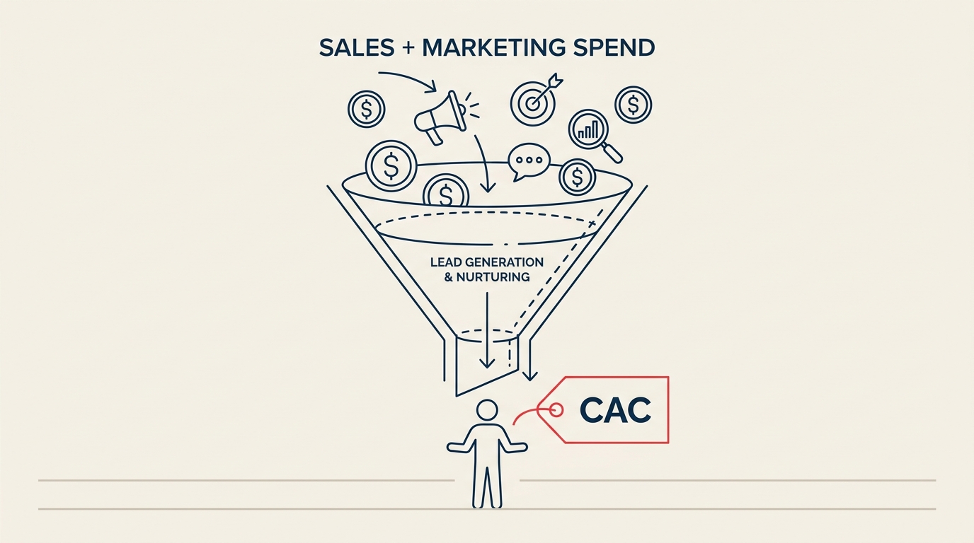 Customer acquisition cost funnel diagram with marketing spend flowing in and one customer emerging with a coral cost tag