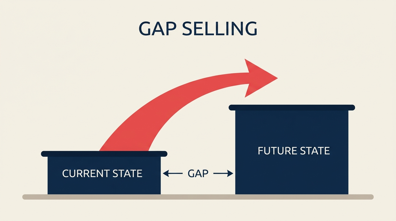 Gap selling diagram bridging current state to future state