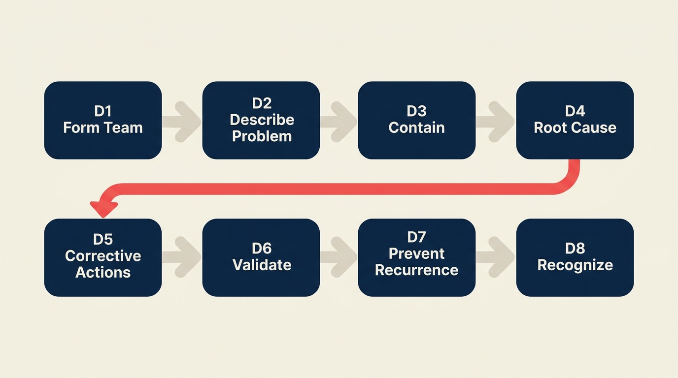 The 8 disciplines of 8D problem solving, D1 to D8