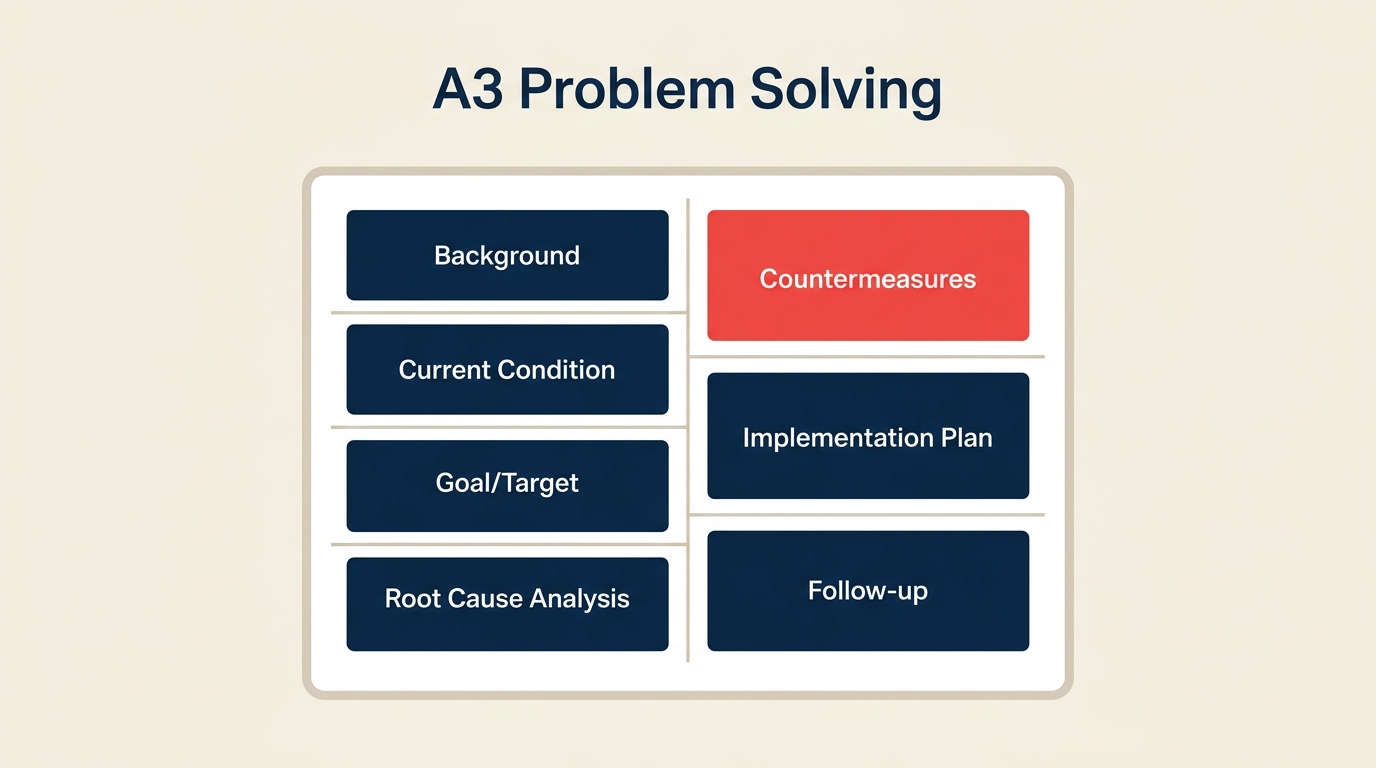 A3 problem solving report template: seven labeled sections on a single landscape sheet