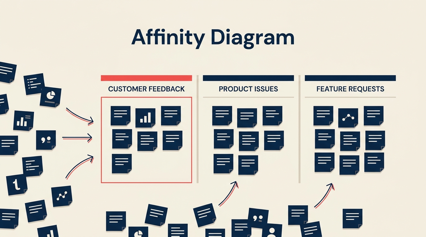 Affinity diagram showing scattered note cards grouped into labeled clusters on a board