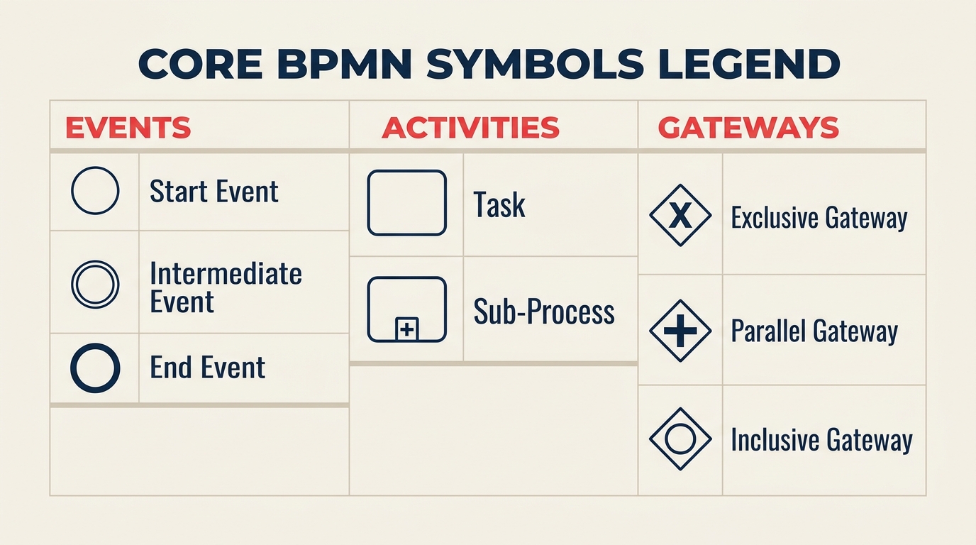 Core BPMN symbols for events activities and gateways