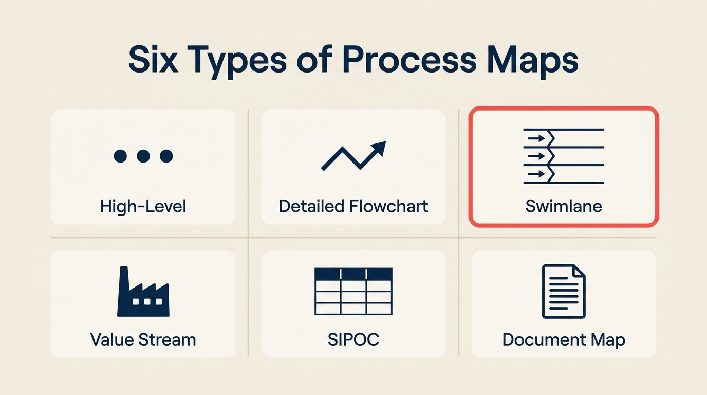 Six types of business process maps: high-level, detailed, swimlane, value stream, SIPOC, document map