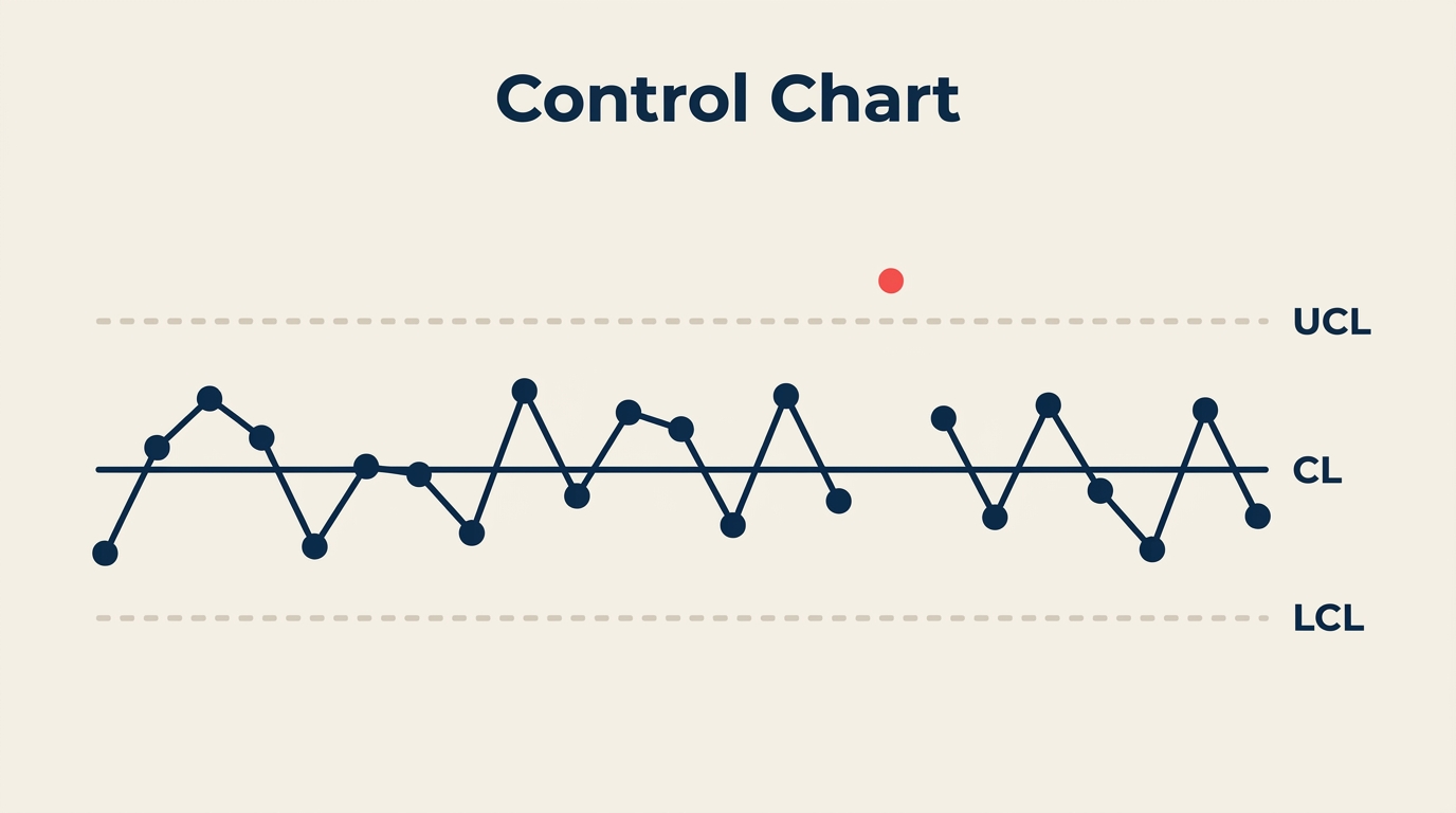 Control chart with center line, upper and lower control limits, and one point beyond a limit