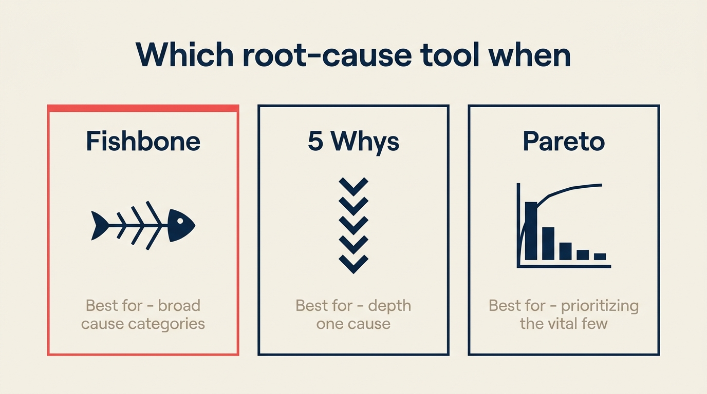 Comparison of fishbone diagram five whys and pareto analysis showing when to use each