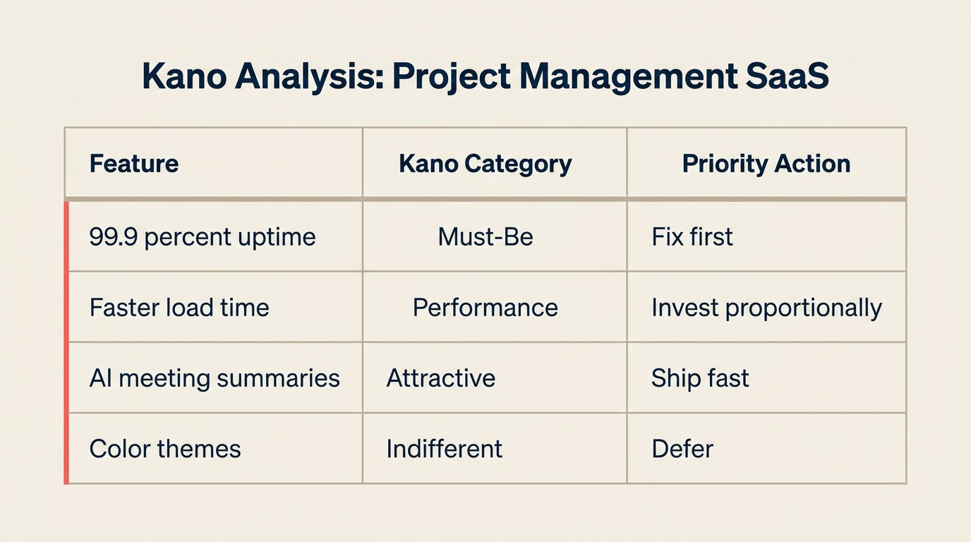 Kano model worked example feature categorization