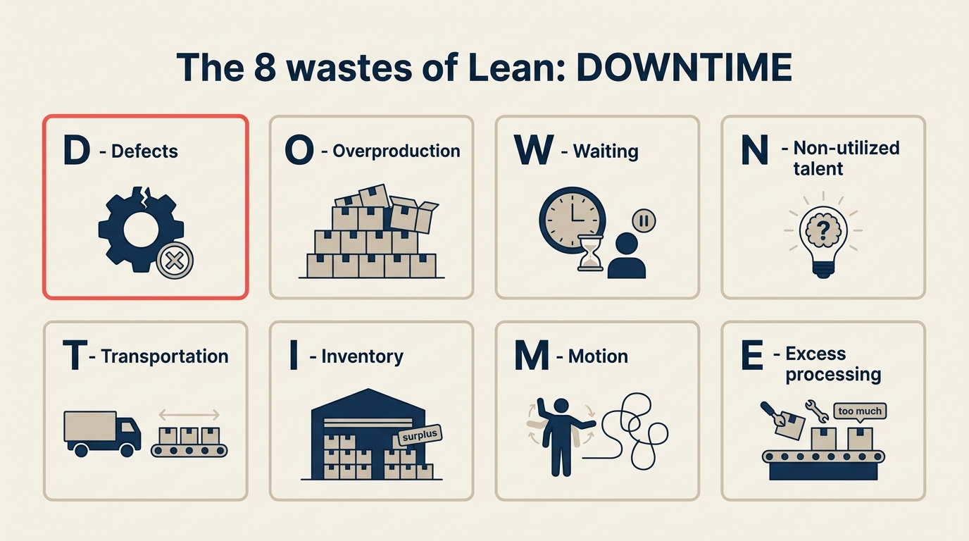 The 8 wastes of Lean DOWNTIME: defects, overproduction, waiting, non-utilized talent, transportation, inventory, motion, excess processing