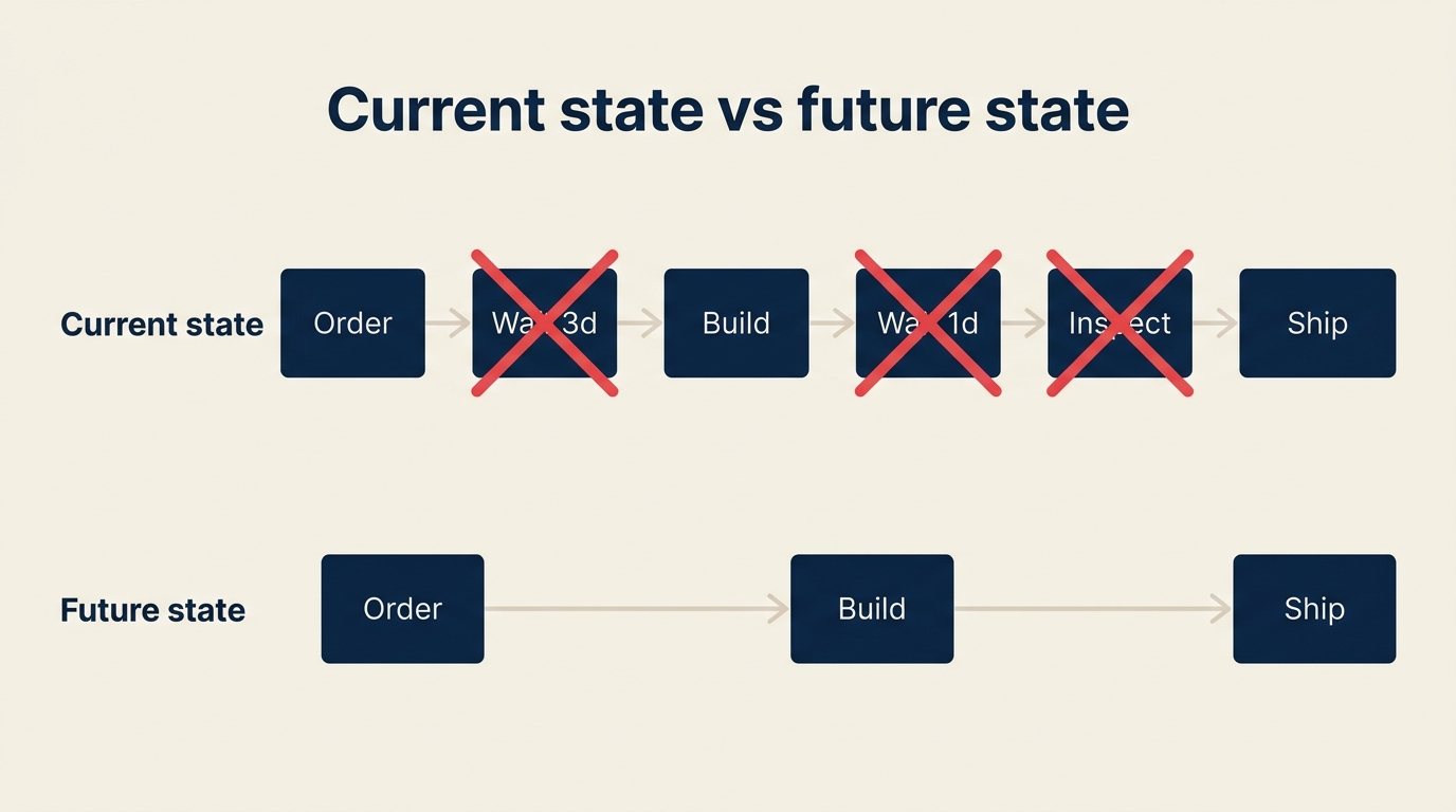 Current state vs future state value stream map showing eliminated waiting steps