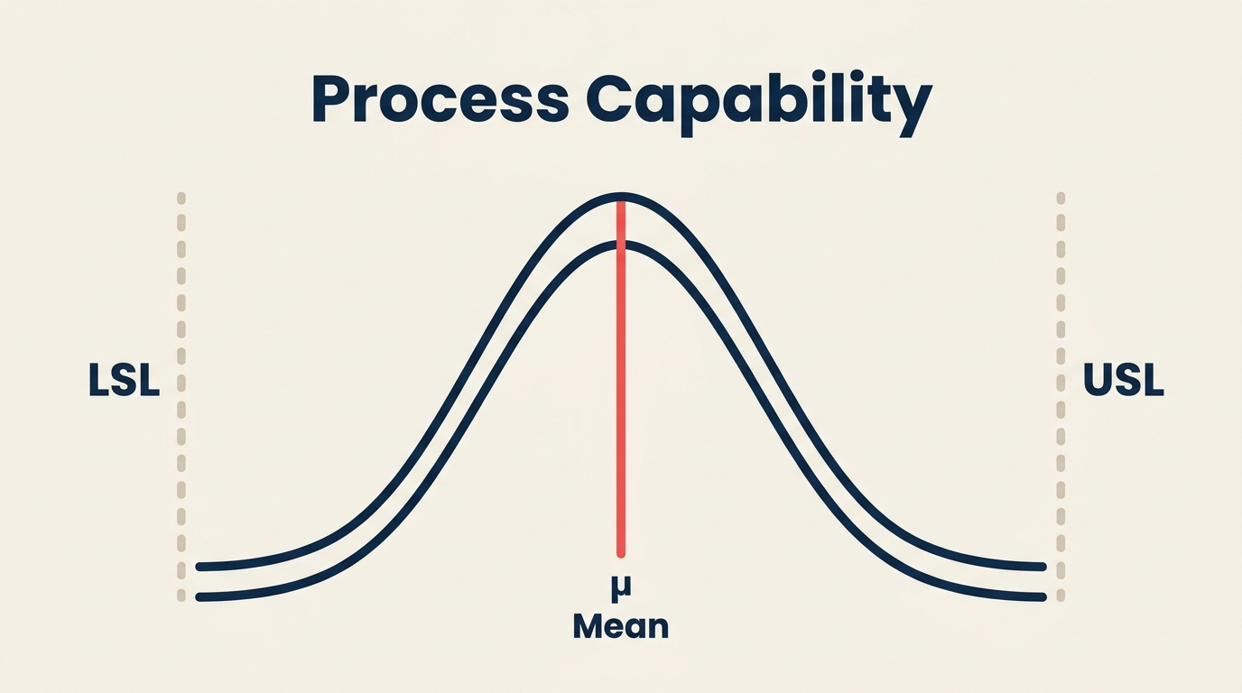 Process capability bell curve fitting within upper and lower specification limits