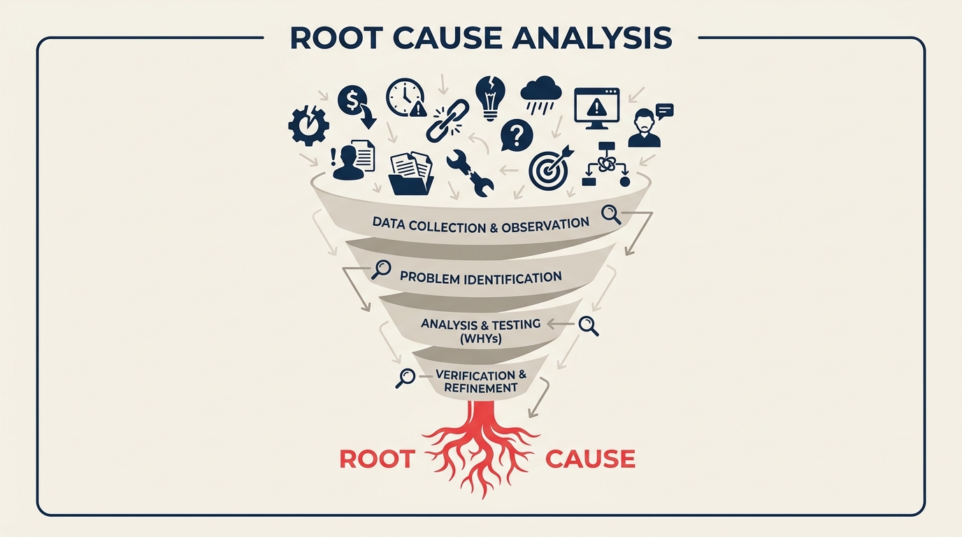 Root cause analysis funnel from symptoms down to the underlying root cause