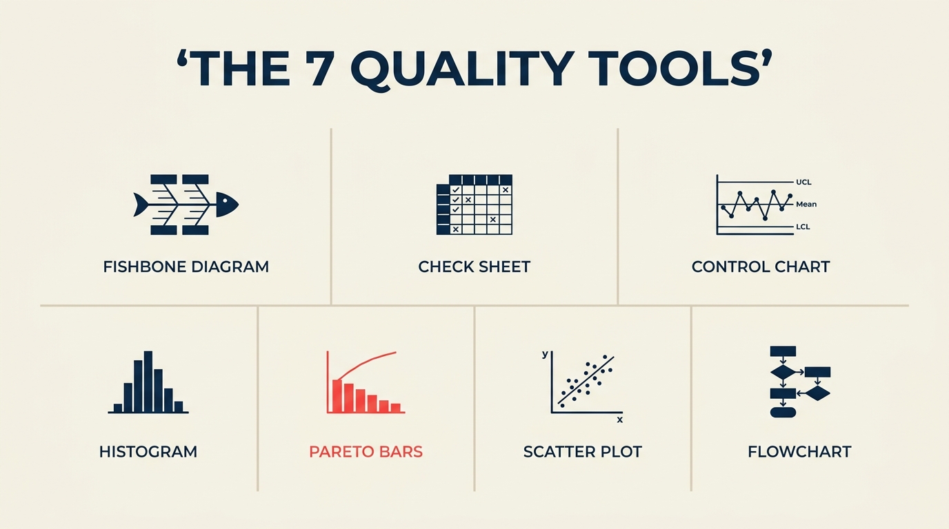 The 7 quality tools laid out in a reference grid: fishbone, check sheet, control chart, histogram, Pareto chart, scatter diagram, flowchart