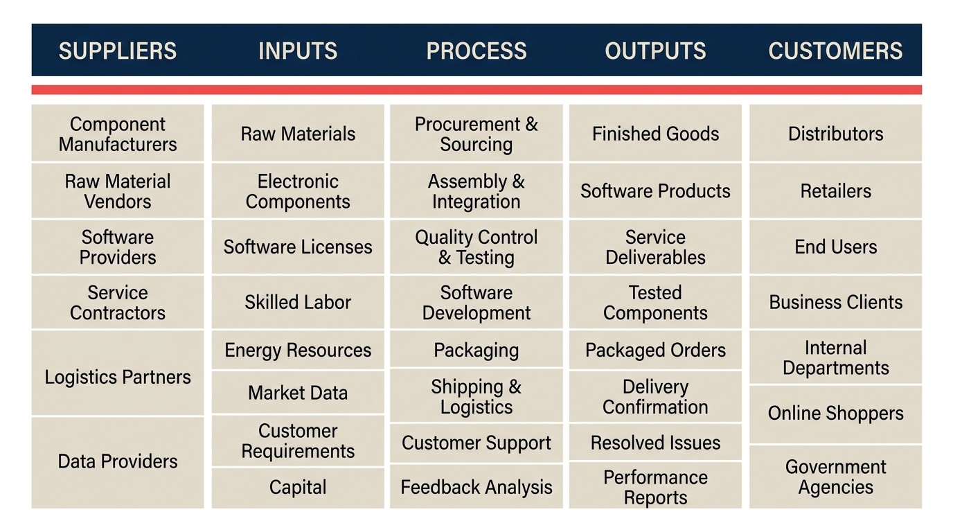 SIPOC diagram with suppliers inputs process outputs and customers columns