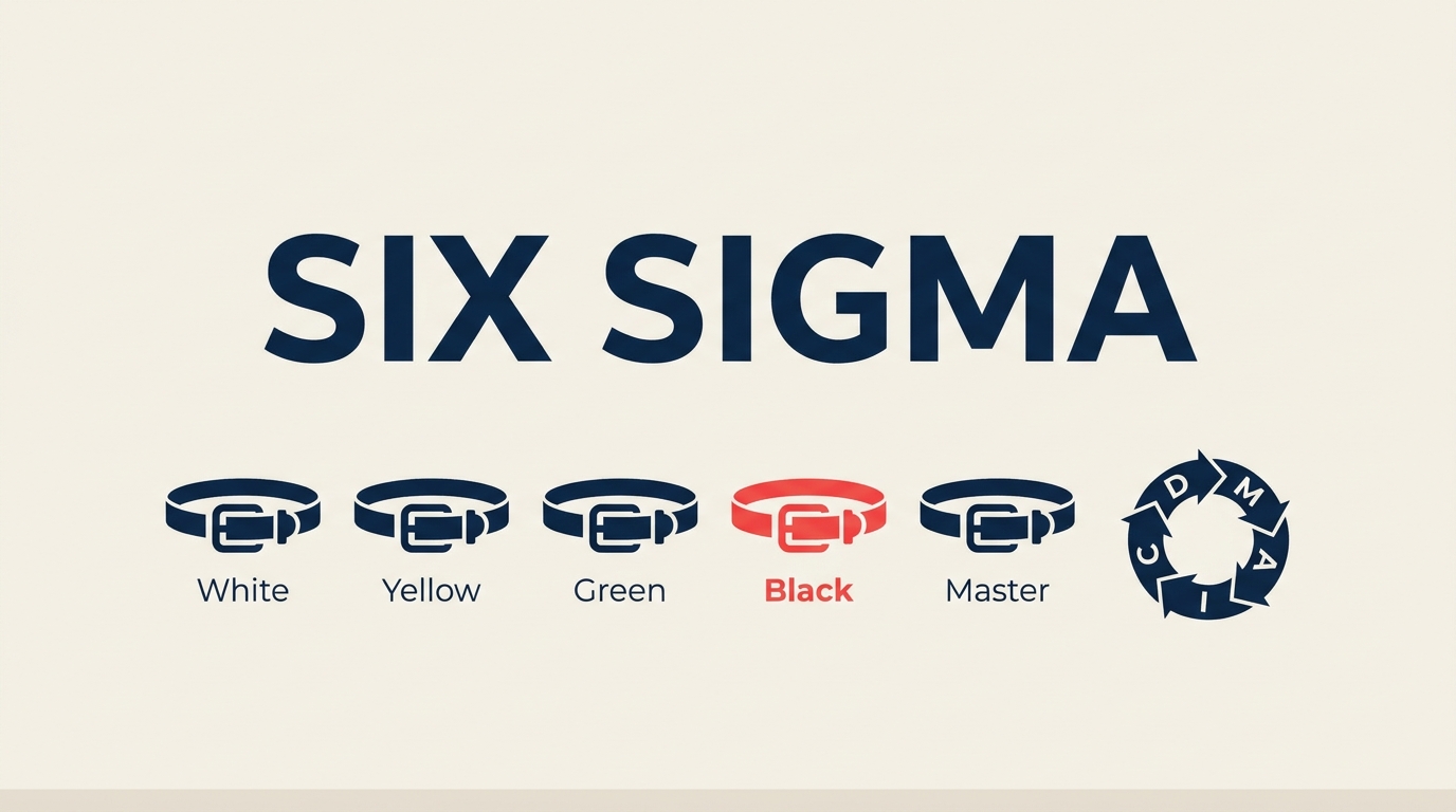 Six Sigma belt hierarchy from white belt to master black belt with DMAIC at the center
