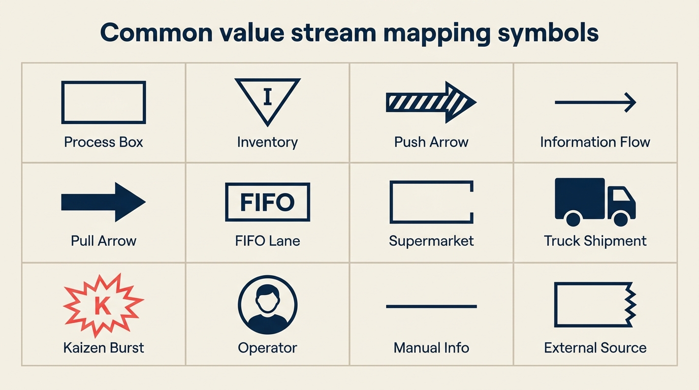 Common value stream mapping symbols including process box inventory triangle push and pull arrows