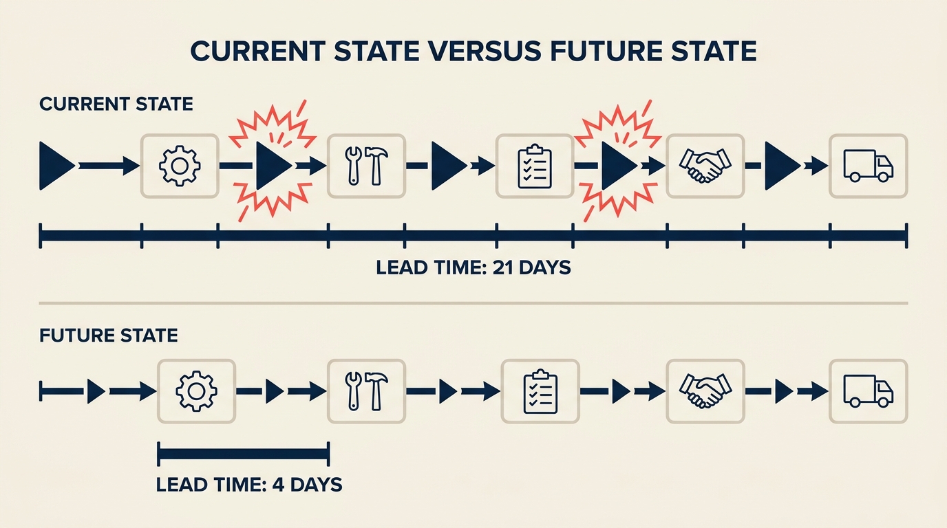 Current state value stream map alongside future state showing reduced inventory and lead time