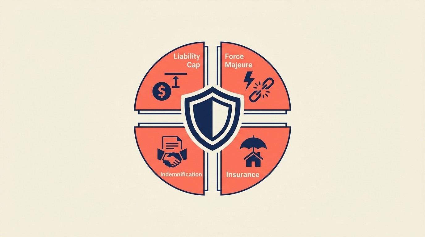 Risk management provisions with liability caps, force majeure, indemnification, and insurance requirements