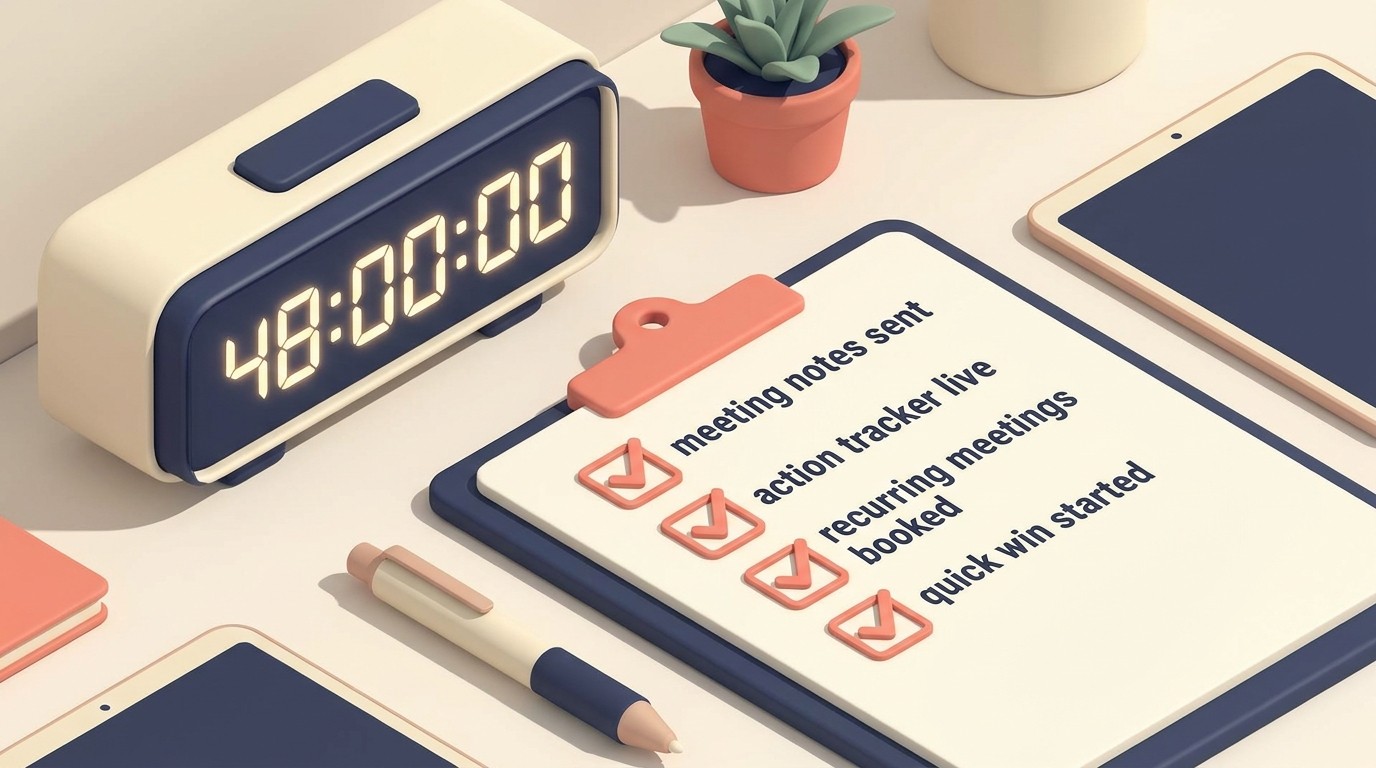 Tindakan tindak lanjut dalam 48 jam setelah kickoff — notulen, pelacak, check-in stakeholder