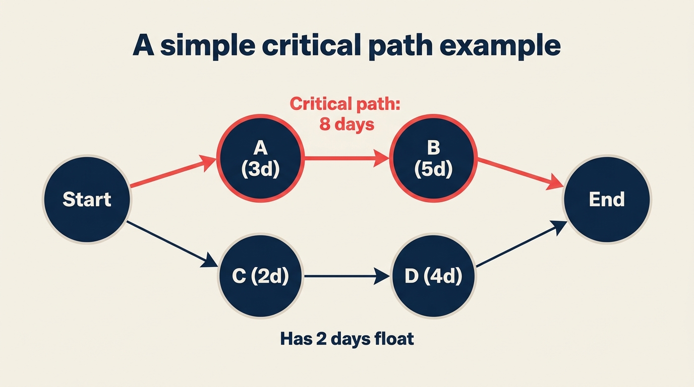 A simple network with tasks, durations, and the critical path running through the longest chain