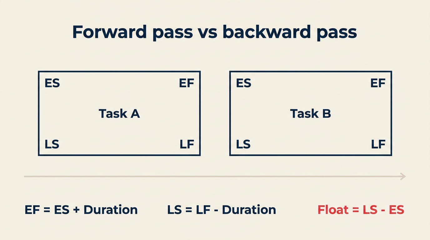 Forward pass and backward pass formulas with ES, EF, LS, LF for two tasks