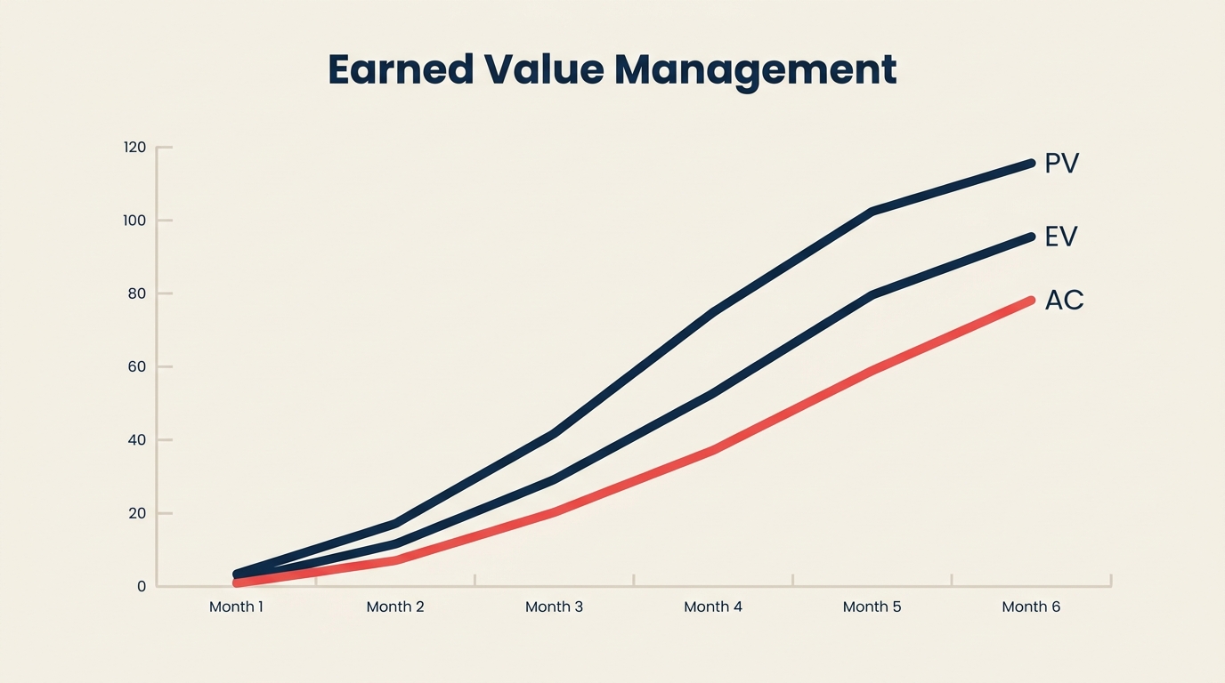 Earned value management chart showing PV, EV, and AC curves over time