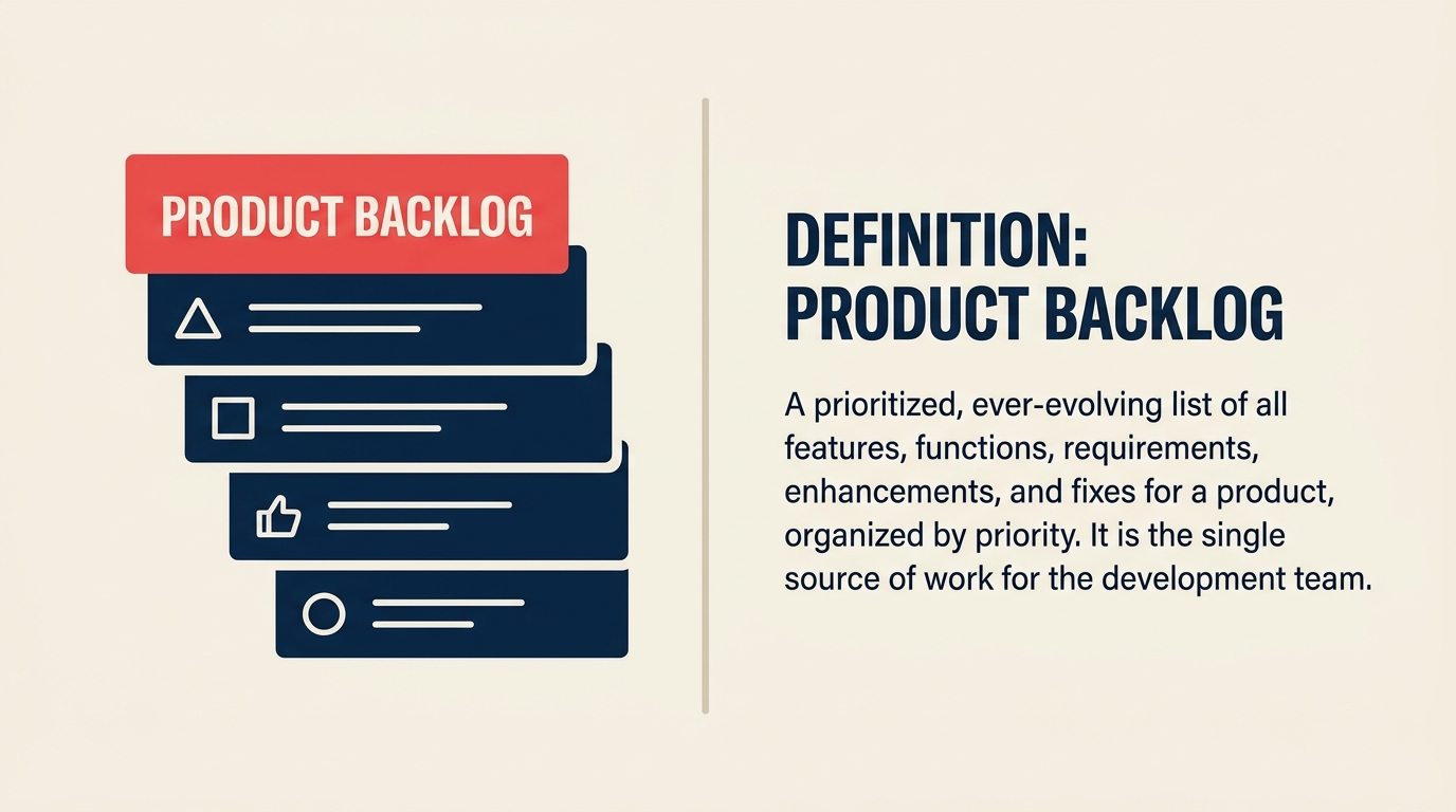 Product backlog prioritized list of cards with top card highlighted, representing agile backlog management