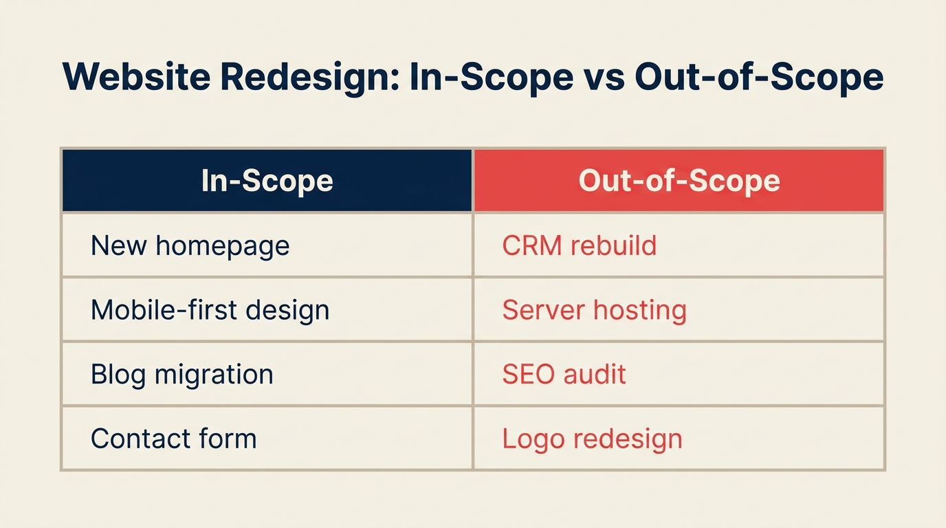 Sample scope statement for a website redesign with in-scope and out-of-scope columns