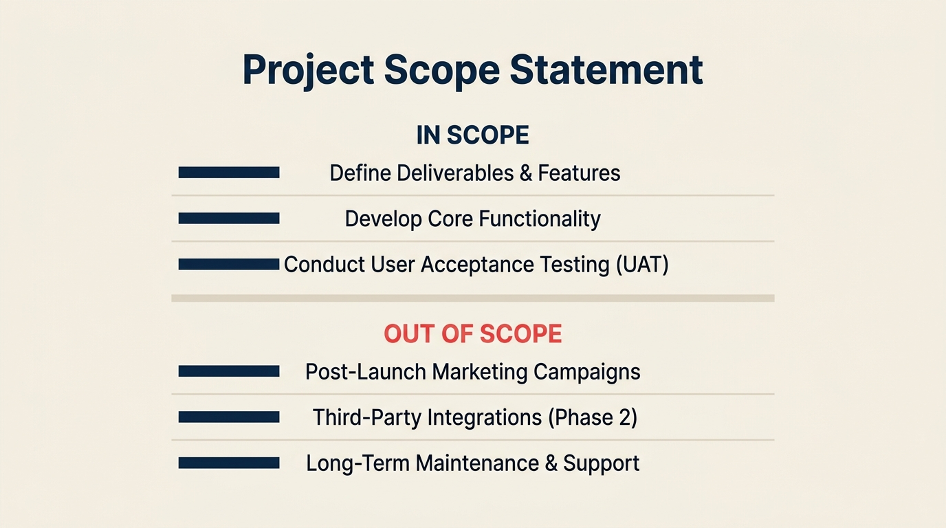 Project scope statement document with in-scope and out-of-scope sections