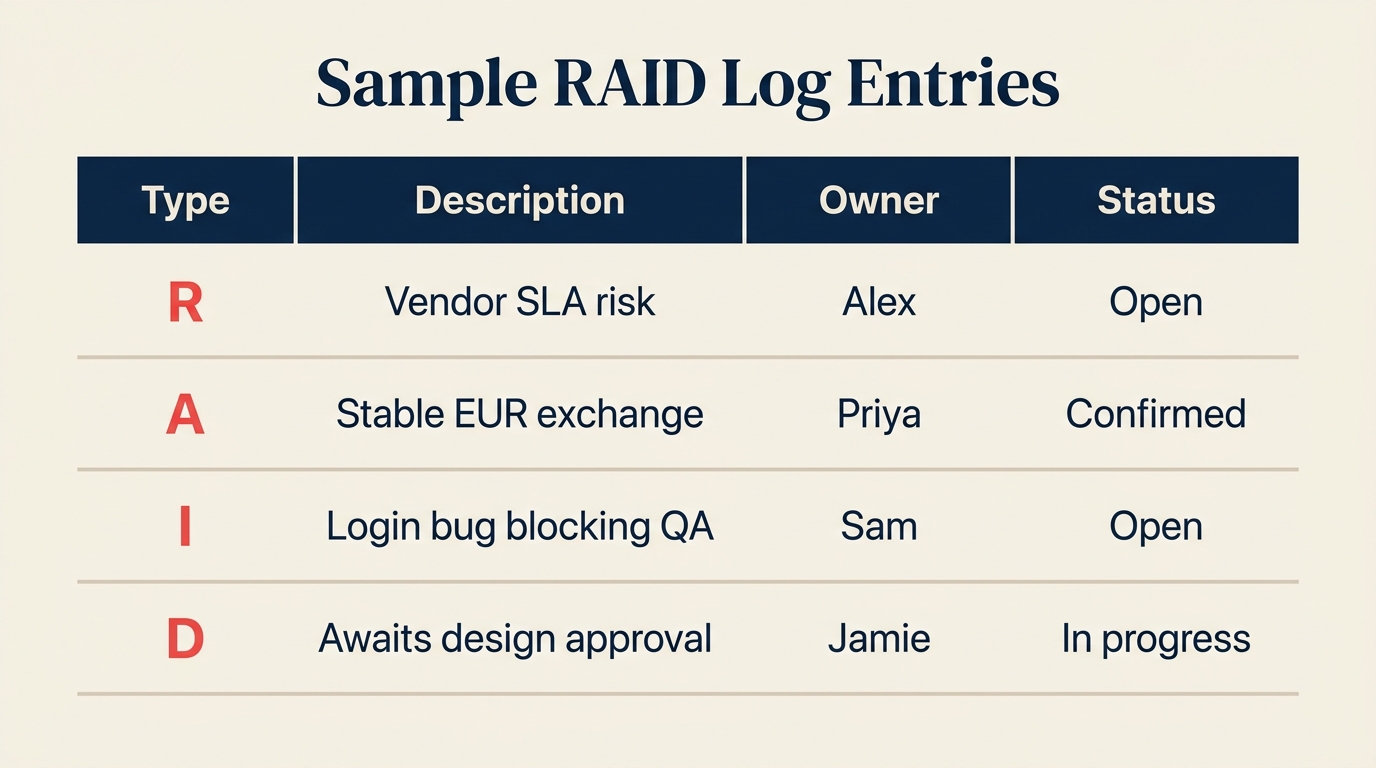 Sample RAID log entries showing one risk, one assumption, one issue, one dependency