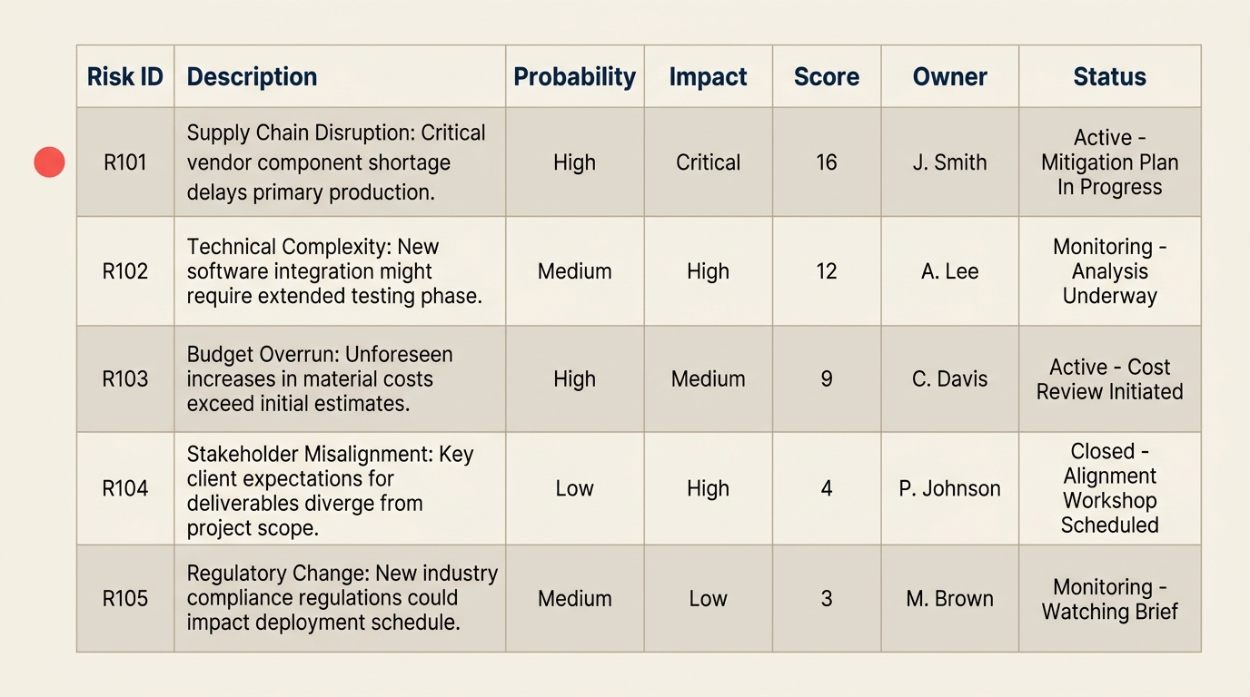 Risk register table with example rows for probability impact and owner