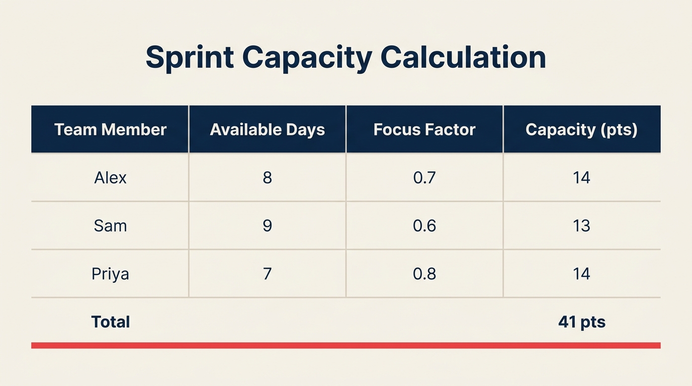 Sprint capacity calculation example with team availability and focus factor